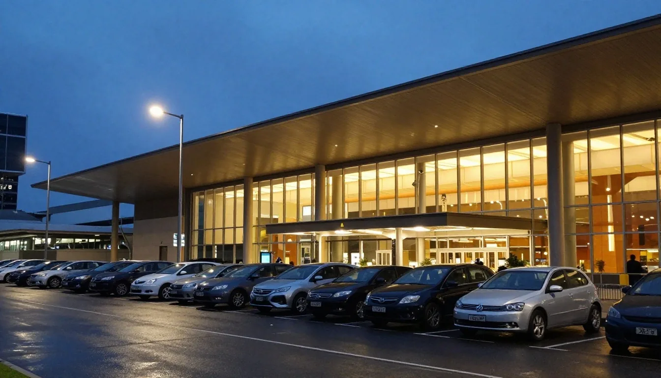 Melbourne Airport terminal exterior at dusk with parked cars under lamplight
