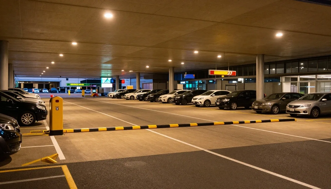 Melbourne Airport short-term car park at evening with terminal building in the distance