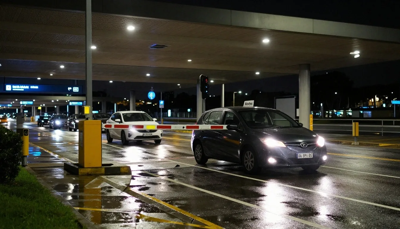 Car stopped at an airport car park entry barrier at night
