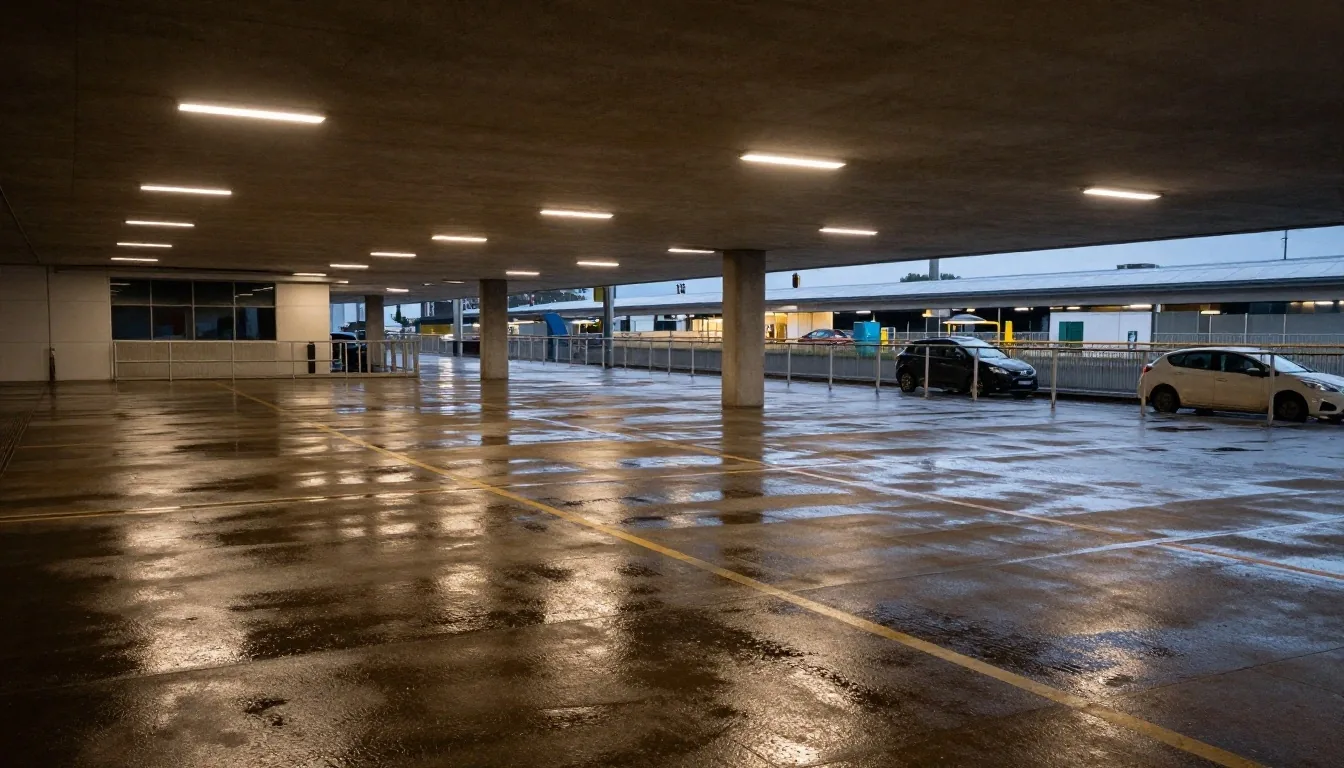 Rain-soaked Melbourne Airport car park at dusk
