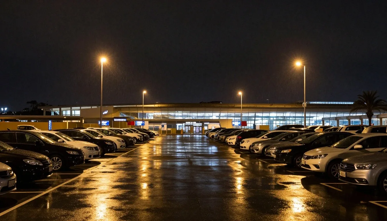 Melbourne Airport car park at night with wet reflective asphalt