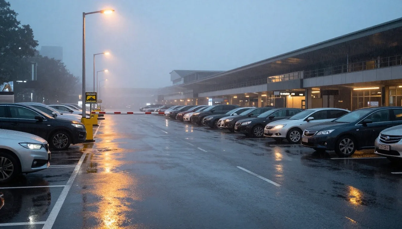 Melbourne Airport parking lots at night under rain