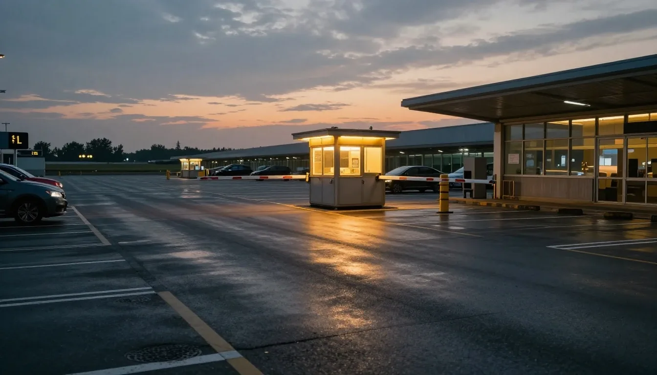 Quiet airport parking lot at dusk
