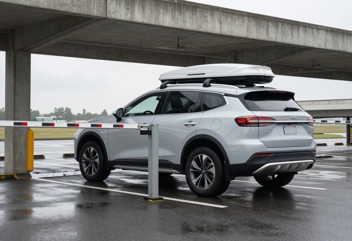 Vehicle with roof box at a parking garage height barrier