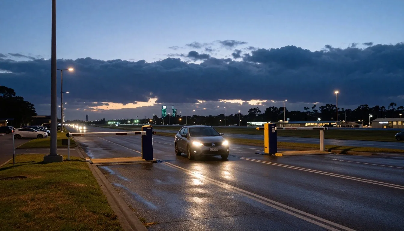 Car leaving a long-stay car park at dusk