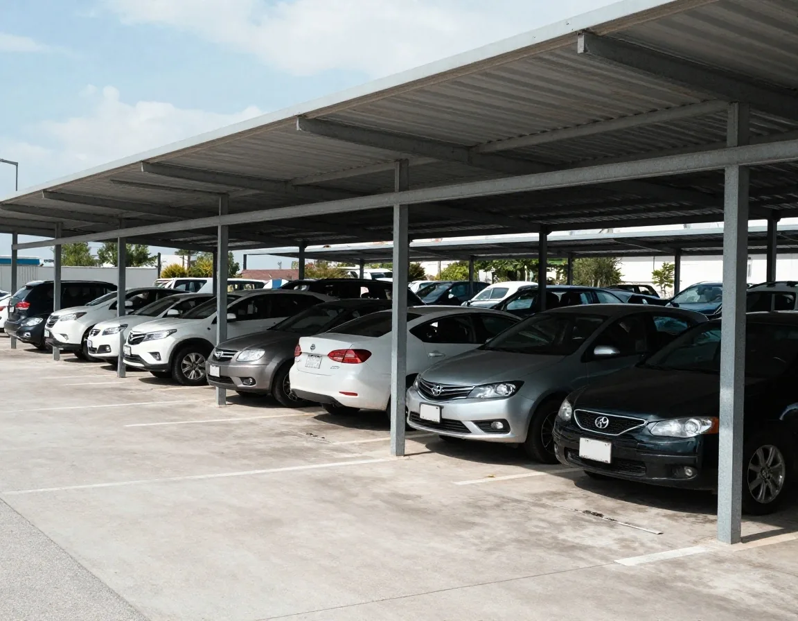 Covered parking structure protecting cars from weather
