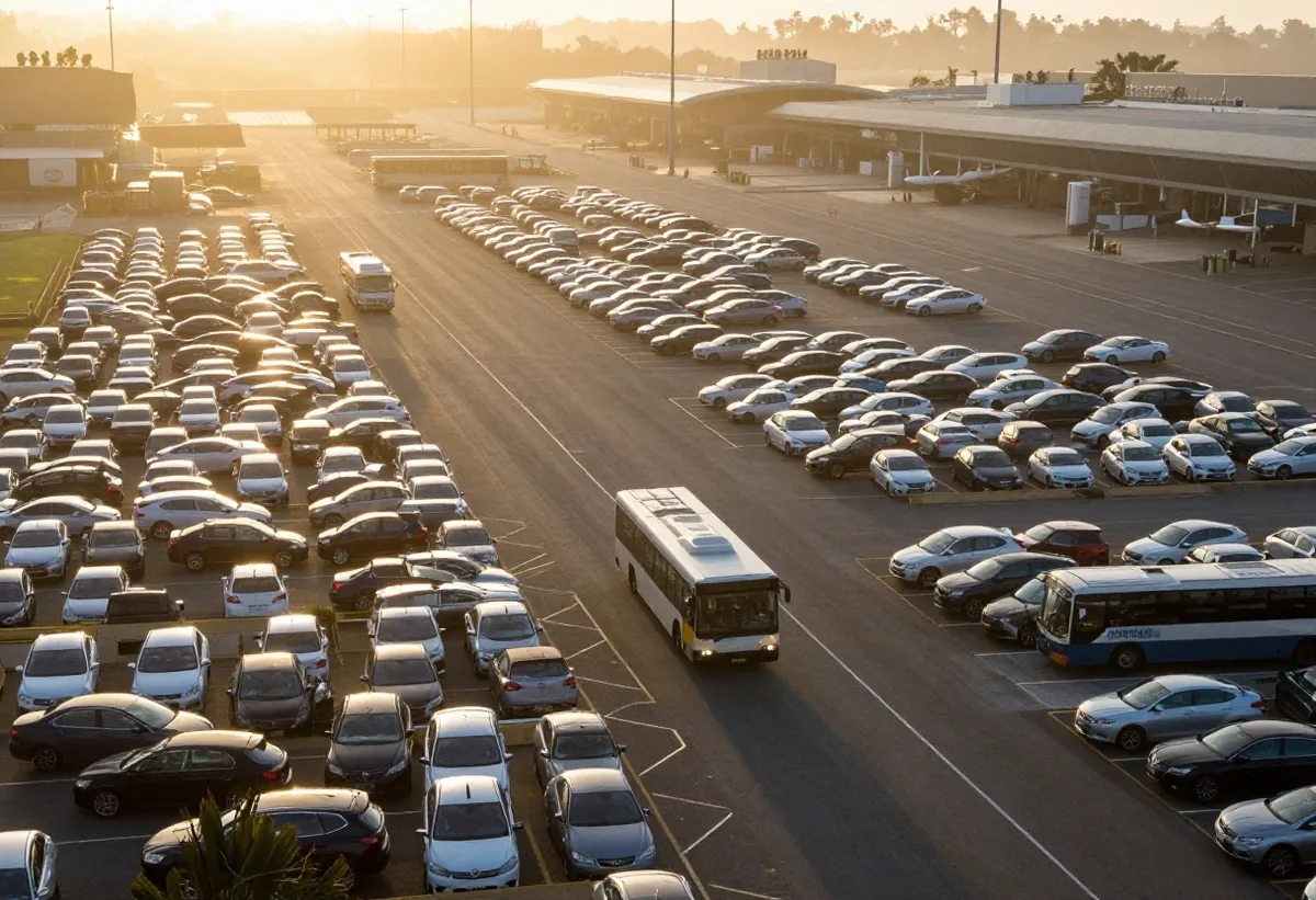 Long-stay airport car park with shuttle bus at dawn