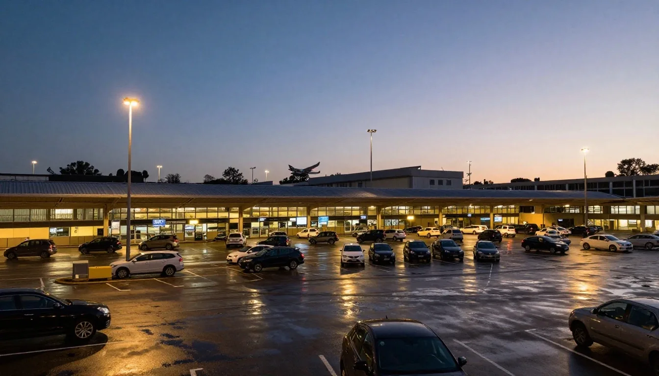 Melbourne Airport parking garages and surface lots at dusk
