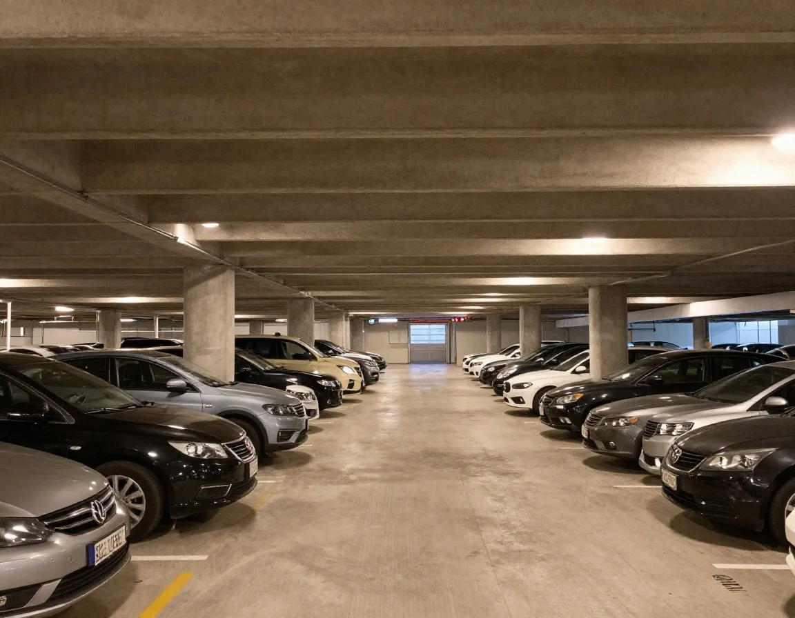 Multi-level airport car park interior with covered bays