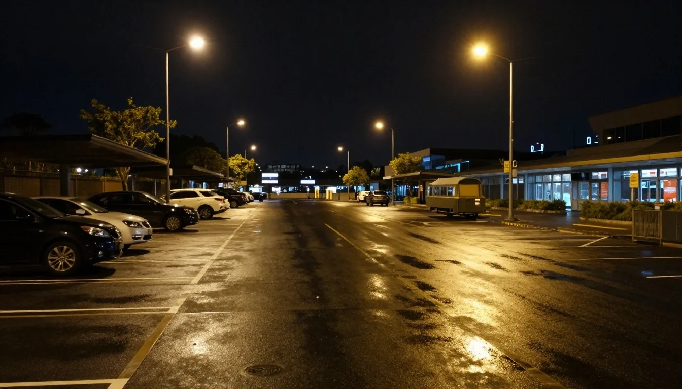 Night parking lane at Melbourne Airport under lamplight