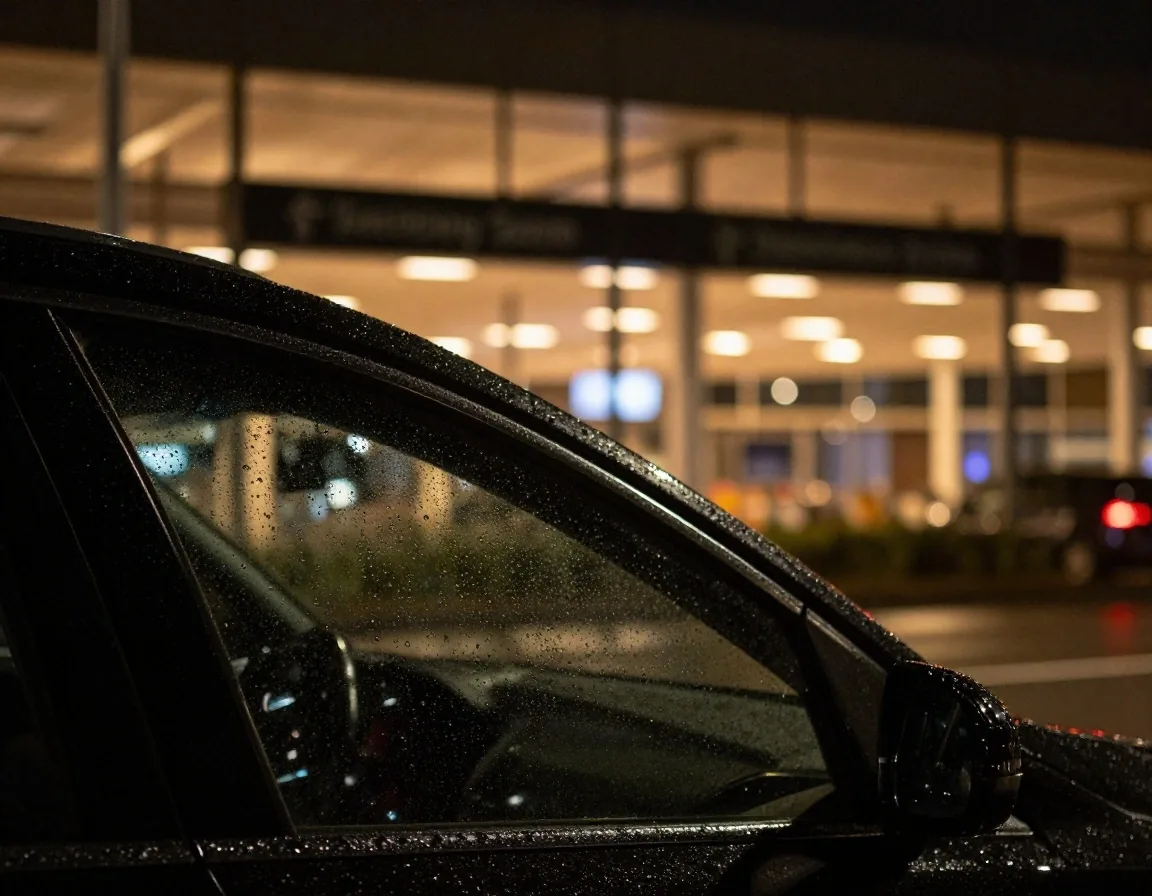 Rain on a car window with blurred airport lights