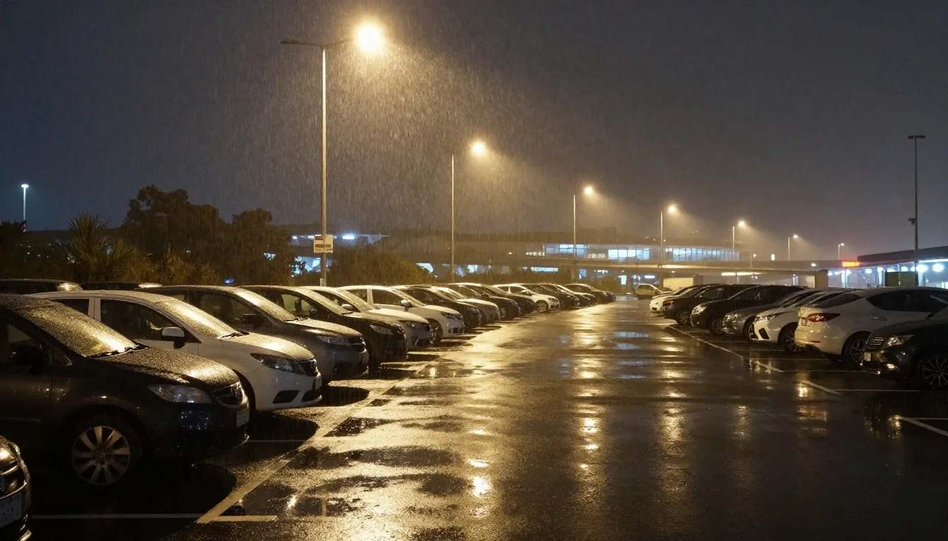 Melbourne Airport car park at night under rain and lamplight